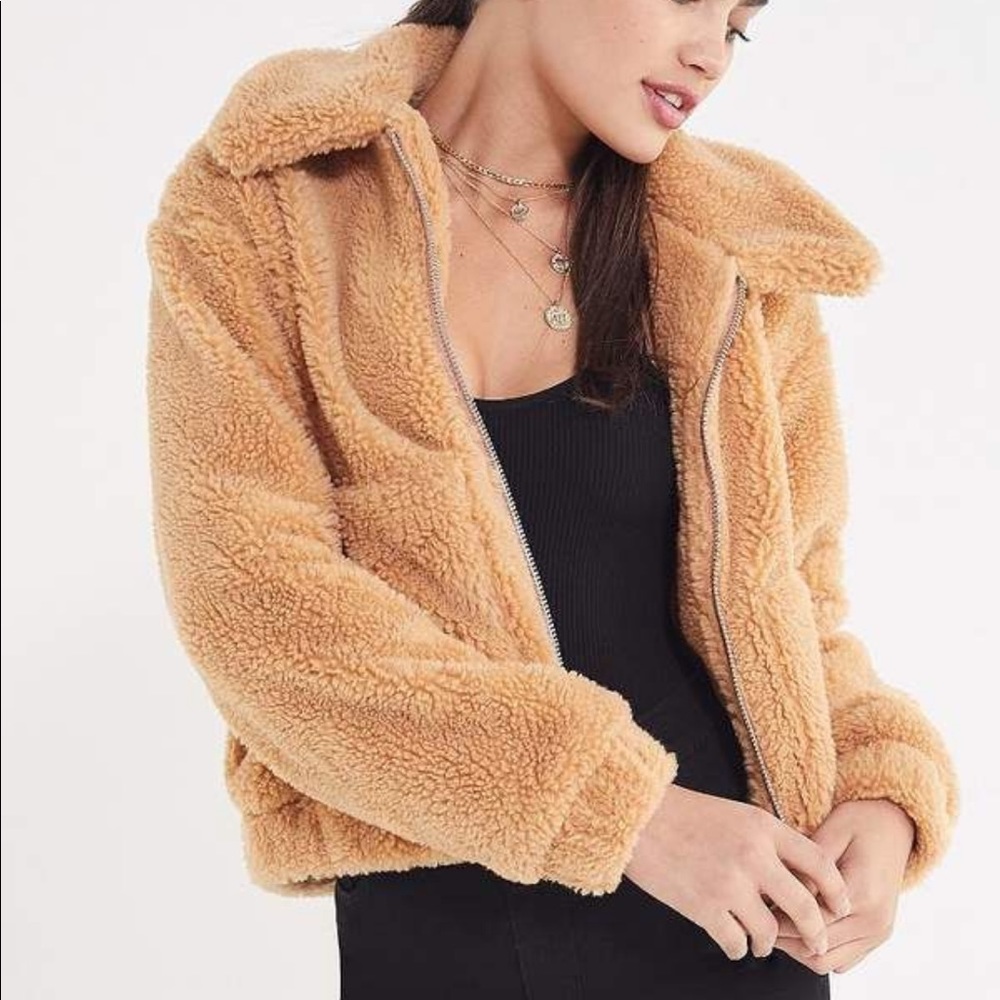 Urban Outfitters Cropped Teddy Jacket in Honey
